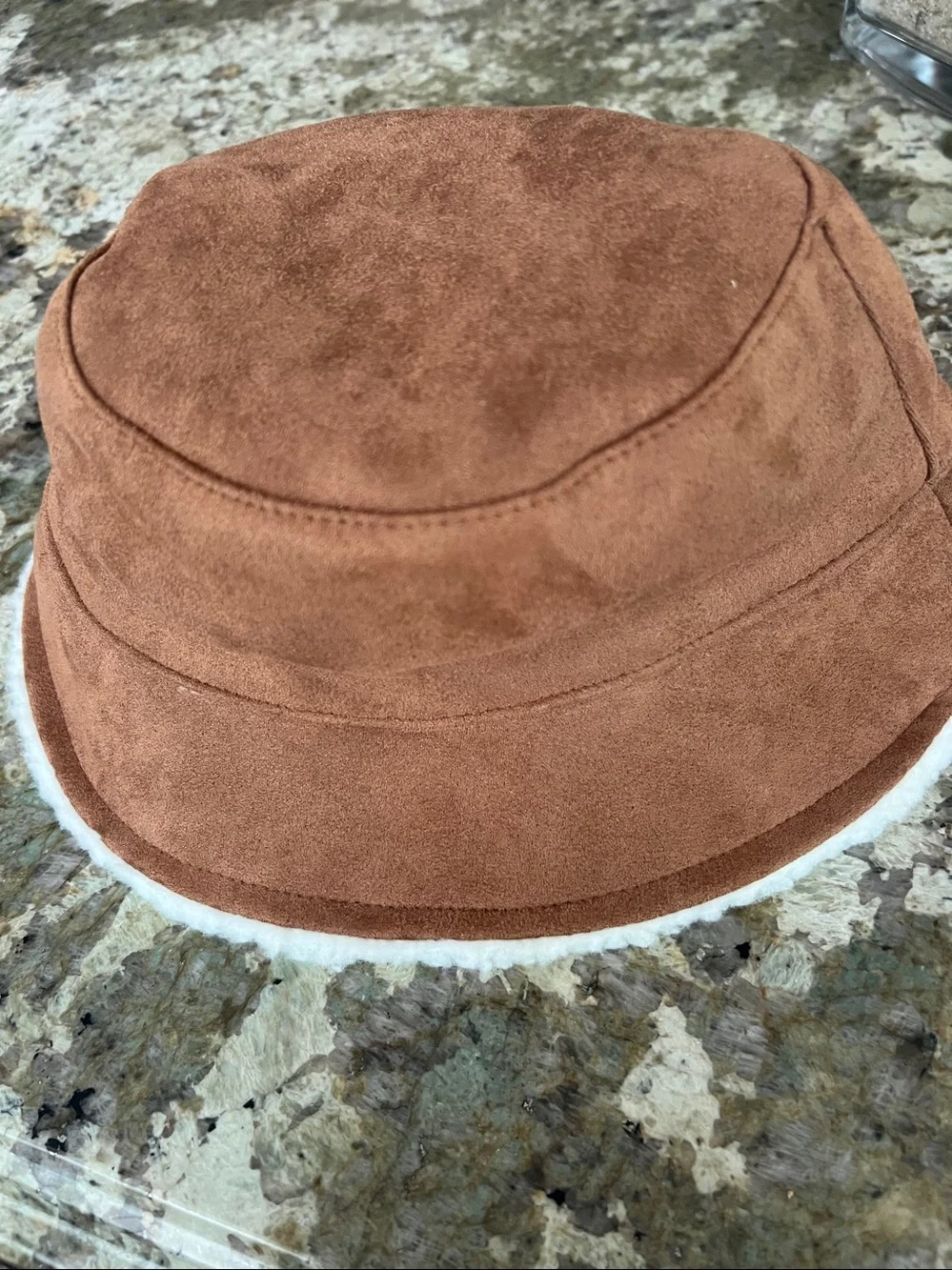 Vince Camuto Kids Brown Faux Suede Bucket Hat with Cream Sherpa Lining